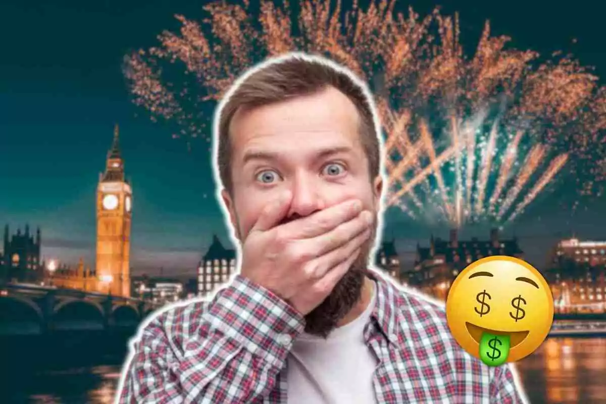 Un home sorprès amb la mà a la boca davant del Big Ben i focs artificials, amb un emoji de diners.