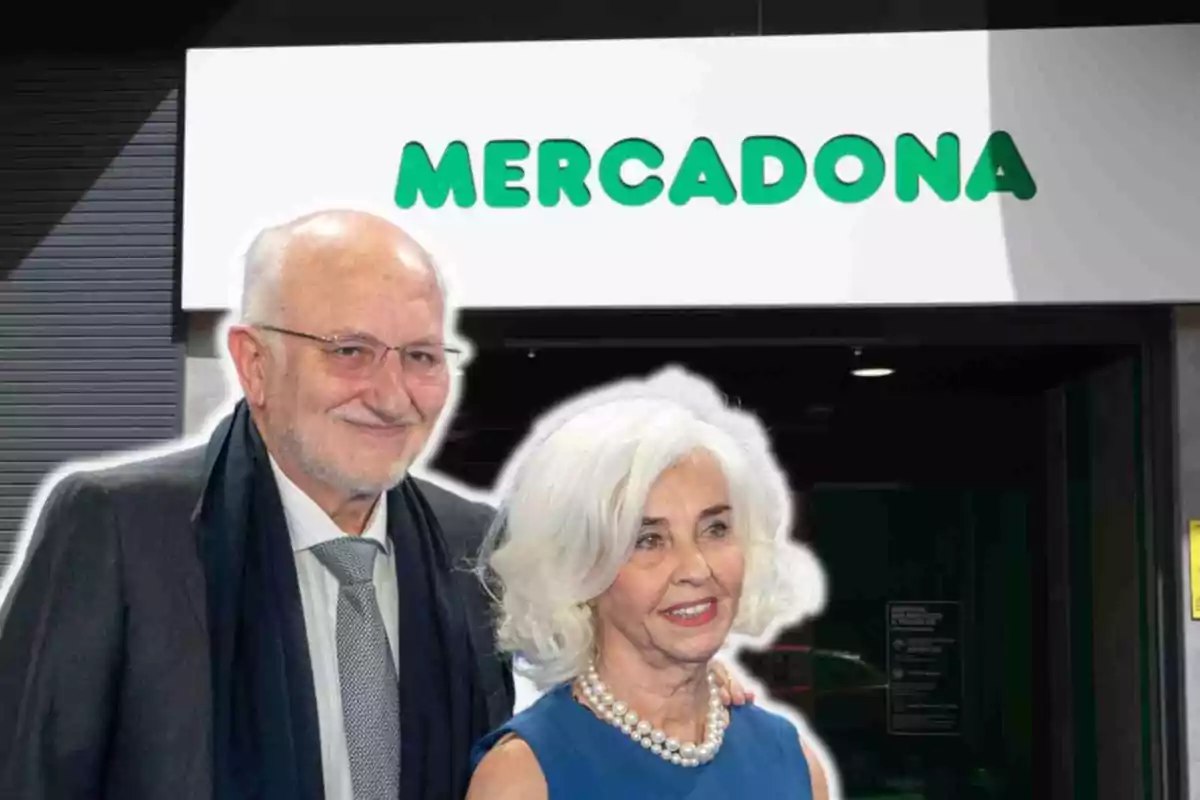 Juan Roig and his wife Hortensia stand in front of the Mercadona store.