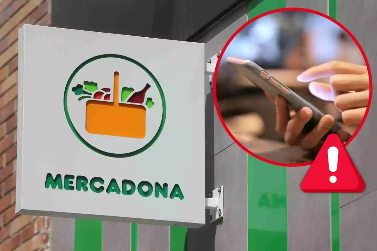 Rètol de Mercadona al costat d'una imatge d'una persona fent servir un telèfon mòbil amb una icona d'advertència.