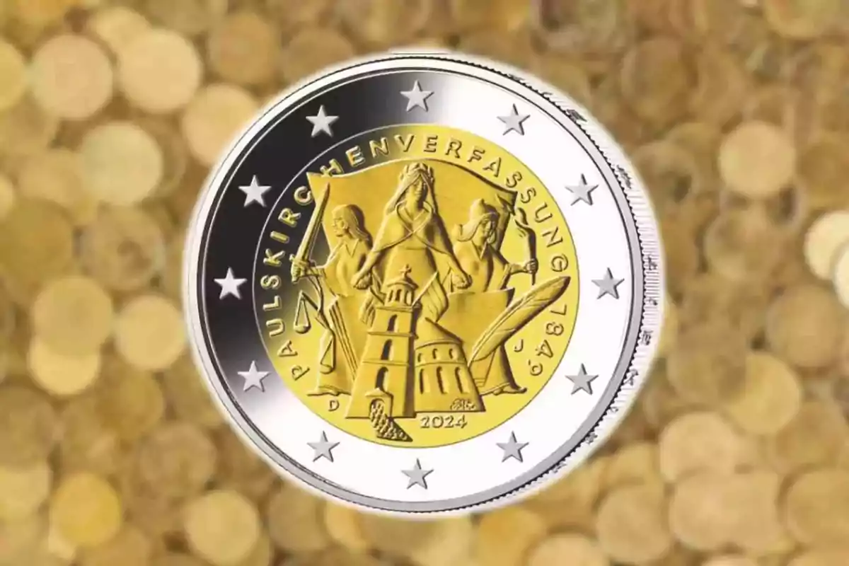 Moneda commemorativa de 2 euros amb disseny de figures històriques i arquitectura al centre envoltada d'estrelles sobre un fons de monedes desenfocades. Moneda commemorativa de 2 euros amb disseny de figures històriques i arquitectura al centre envoltada d'estrelles sobre un fons de monedes desenfocades.