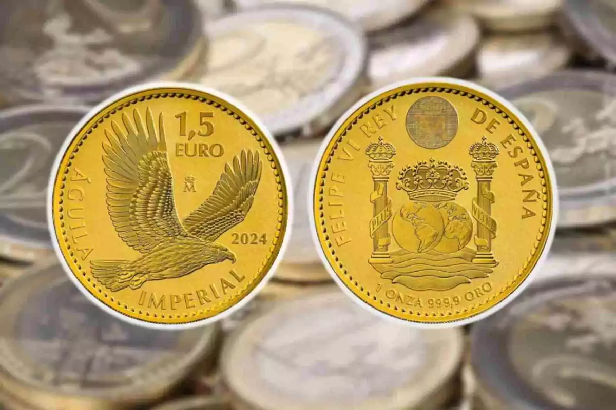 La imatge mostra dues monedes d'or d'1,5 euros amb una àliga imperial i el text Felip VI Rei d'Espanya sobre un fons d'altres monedes. La imatge mostra dues monedes d'or d'1,5 euros amb una àliga imperial i el text Felip VI Rei d'Espanya sobre un fons d'altres monedes.