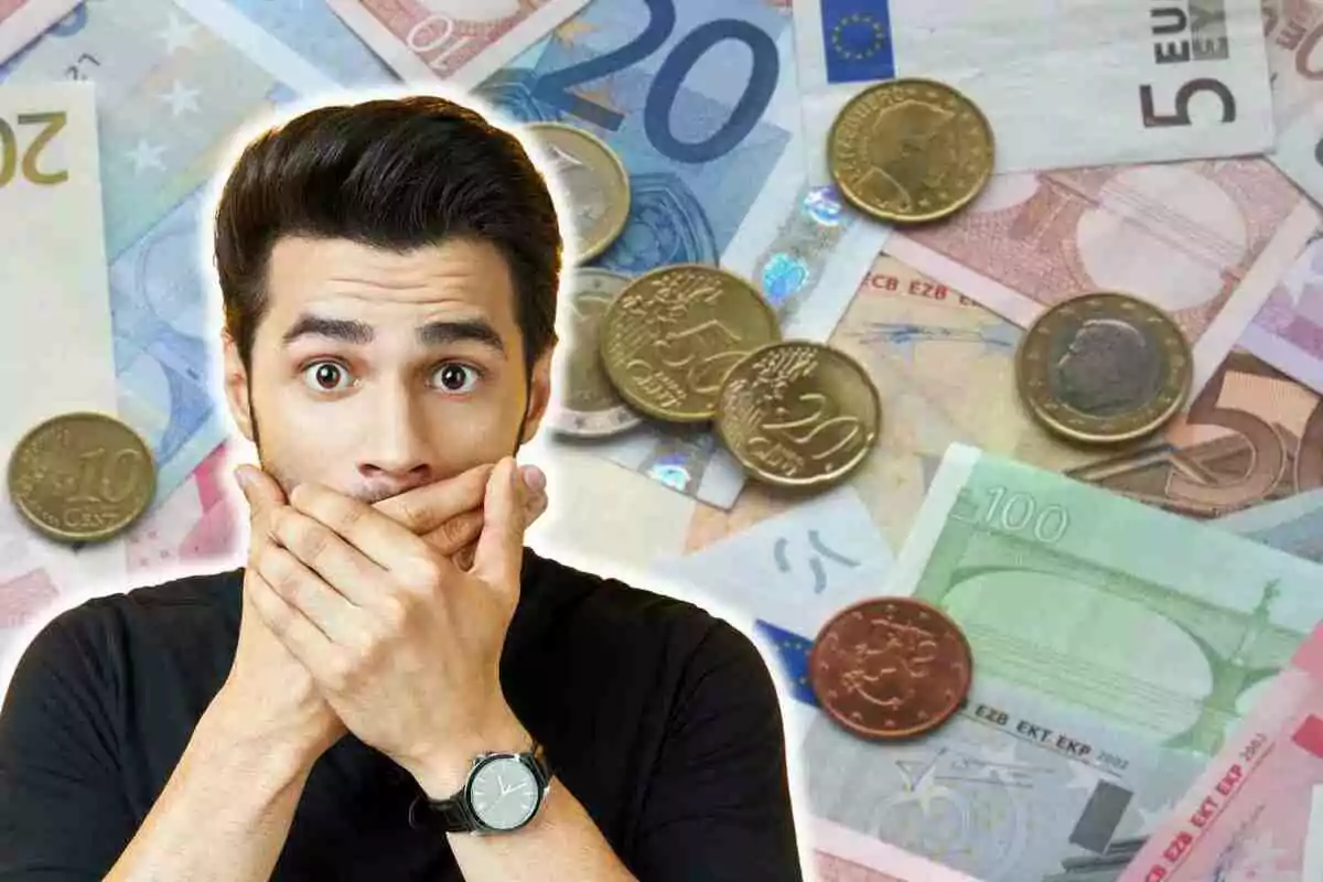 A man with a surprised expression covers his mouth with his hands, while euro notes and coins are visible in the background.