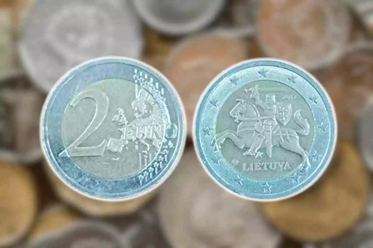 Dues monedes de dos euros amb un disseny de Lituània en un fons de monedes desenfocades. Dues monedes de dos euros amb un disseny de Lituània en un fons de monedes desenfocades.