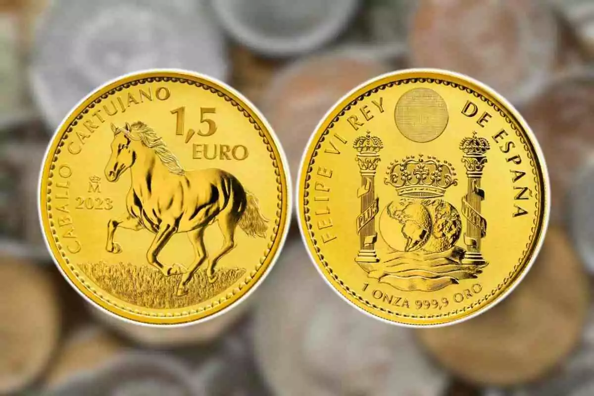 Moneda d'or d'1,5 euros d´Espanya amb disseny d'un cavall cartoixà i escut real. Moneda d'or d'1,5 euros d´Espanya amb disseny d'un cavall cartoixà i escut real.