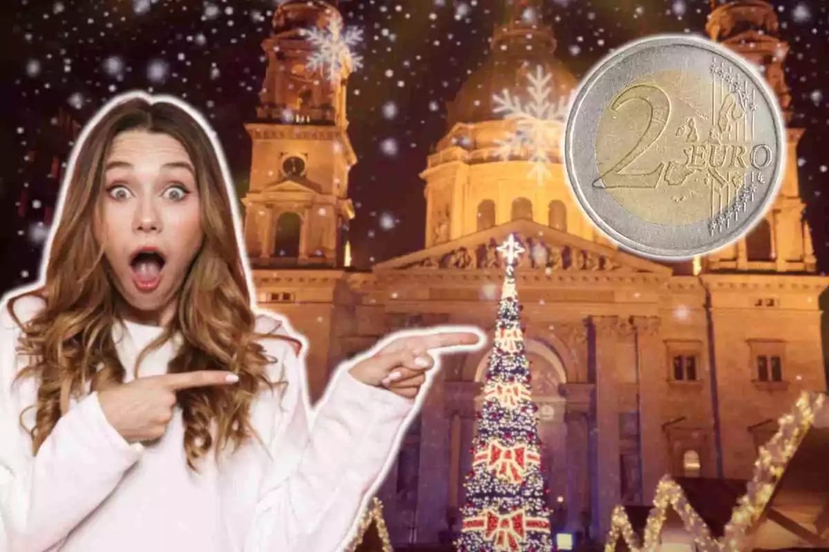 Una dona sorpresa assenyala cap a un arbre de Nadal il·luminat davant d'un edifici històric, amb una moneda de 2 euros flotant a l'aire.