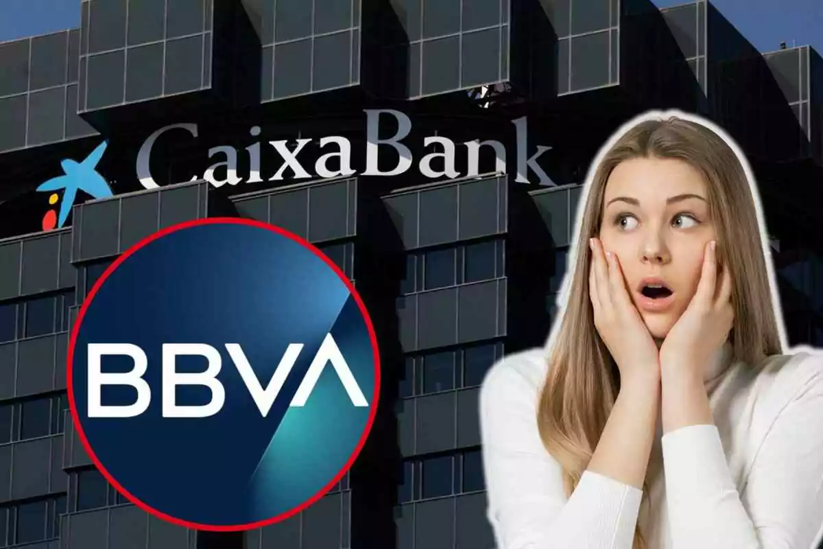 Una dona amb expressió de sorpresa davant dels logotips de CaixaBank i BBVA.