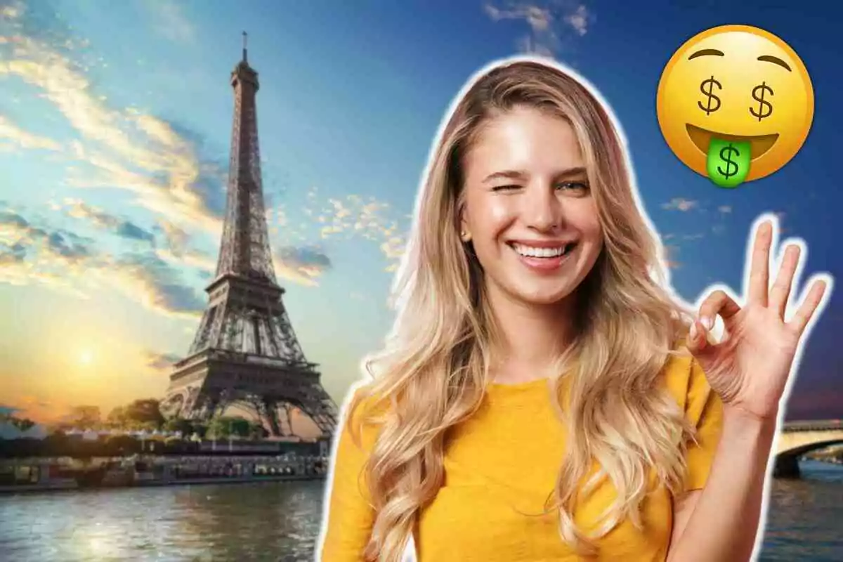 Una dona somrient amb gest d'aprovació davant de la Torre Eiffel cap al tard i un emoji de cara amb llengua de diners.