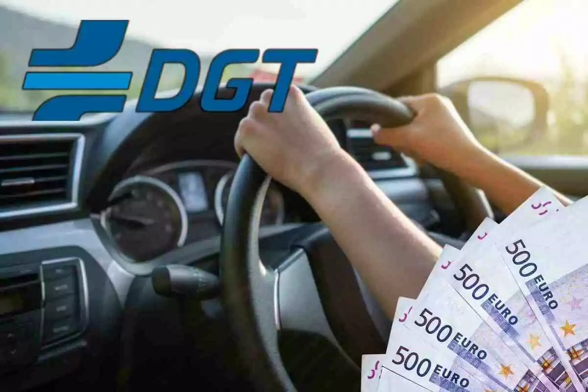 Fotomuntatge d'una persona al volant, el logotip de la DGT i bitllets de 500 euros al capdavant