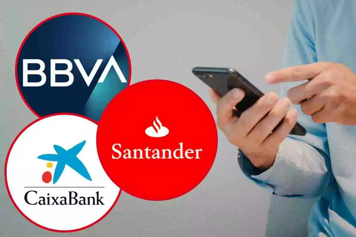 Logotips de BBVA, Santander i CaixaBank amb una persona usant un telèfon mòbil.