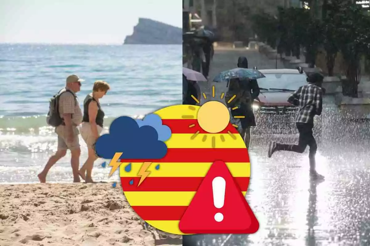 Personas caminando en la playa a la izquierda y personas bajo la lluvia a la derecha con un icono de alerta meteorológica en el centro. Personas caminando en la playa a la izquierda y personas bajo la lluvia a la derecha con un icono de alerta meteorológica en el centro.