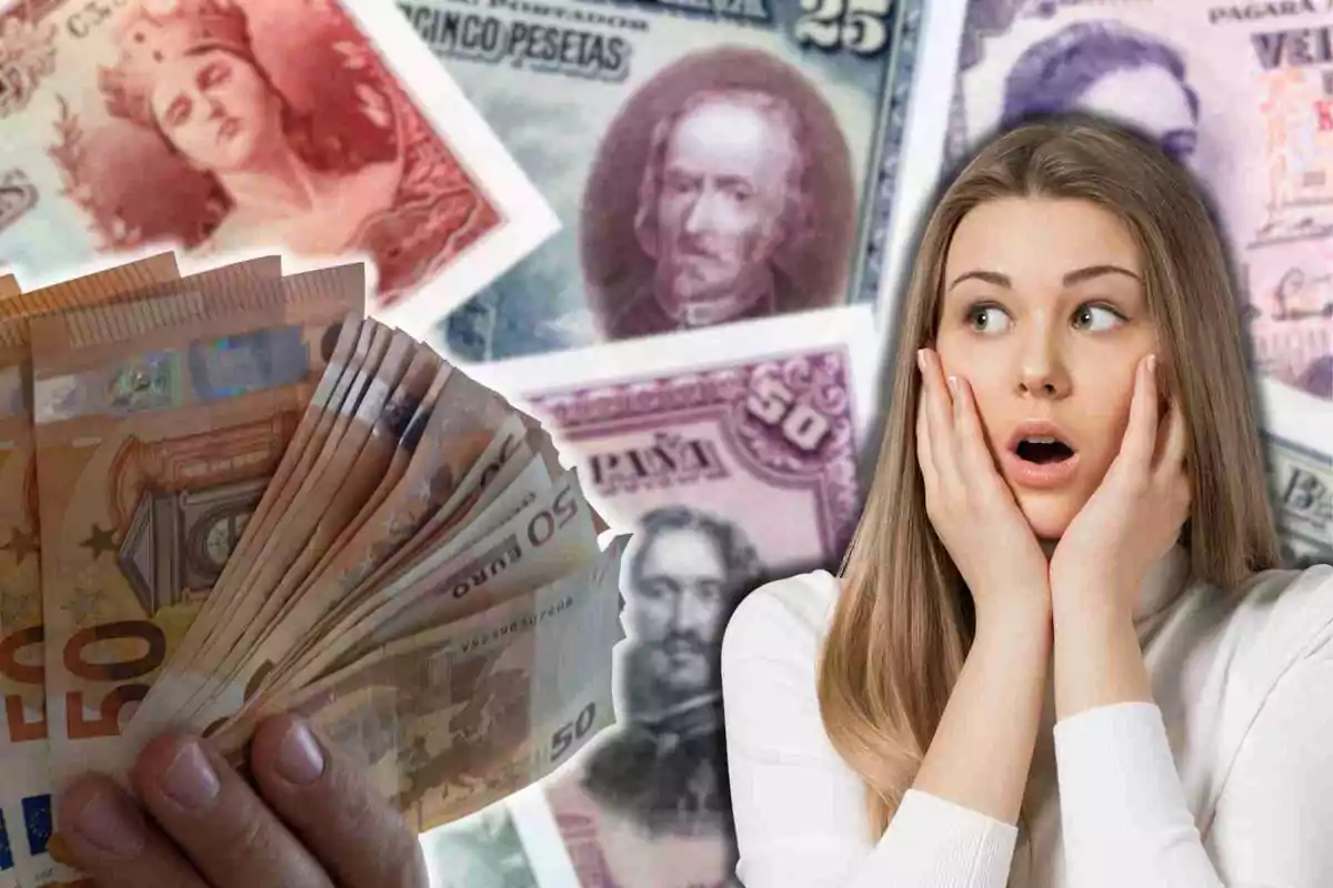 A woman with a surprised expression holds her face in her hands as she looks at a stack of euro banknotes, with old pesetas in the background.