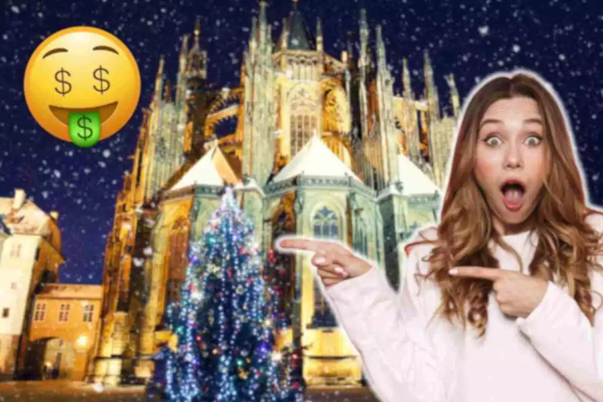 Dona sorpresa assenyalant un arbre de Nadal il·luminat davant d'una catedral neogòtica amb un emoji de diners al cel nevat.