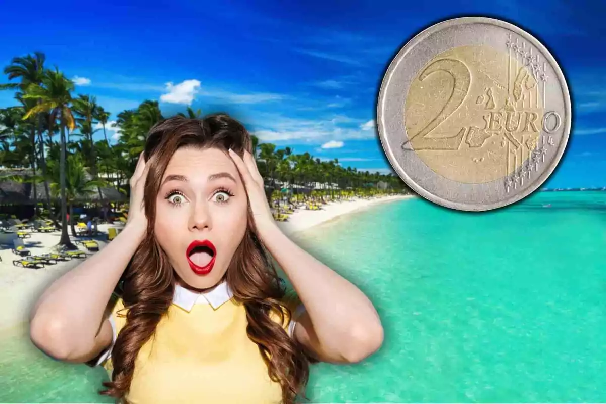 Una dona amb expressió de sorpresa es troba davant d'una platja tropical amb palmeres i un mar turquesa, mentre que una moneda de 2 euros flota a l'aire al seu costat.