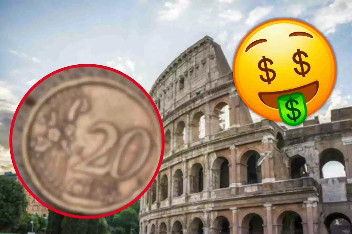 Una moneda de 20 cèntims i un emoji amb signes de dòlar als ulls i llengua sobre el Colosseu de Roma.