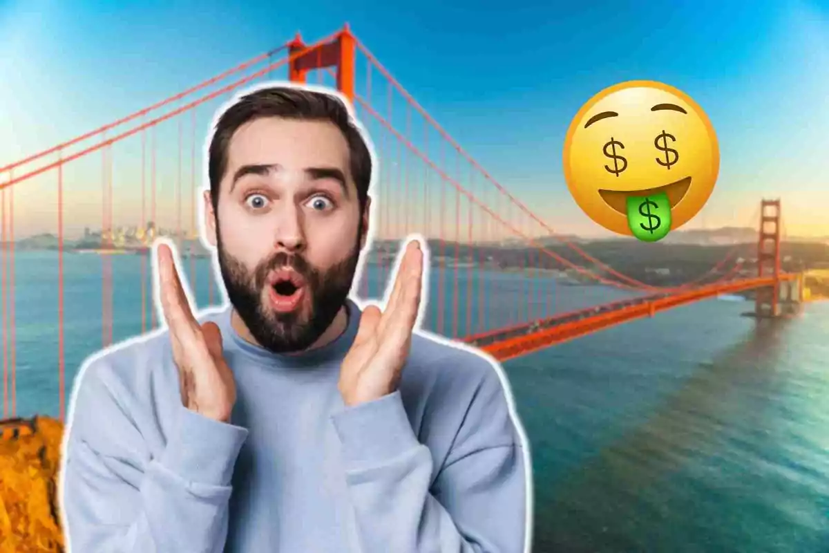 Home sorprès davant del pont Golden Gate amb un emoji de cara amb signes de dòlar.