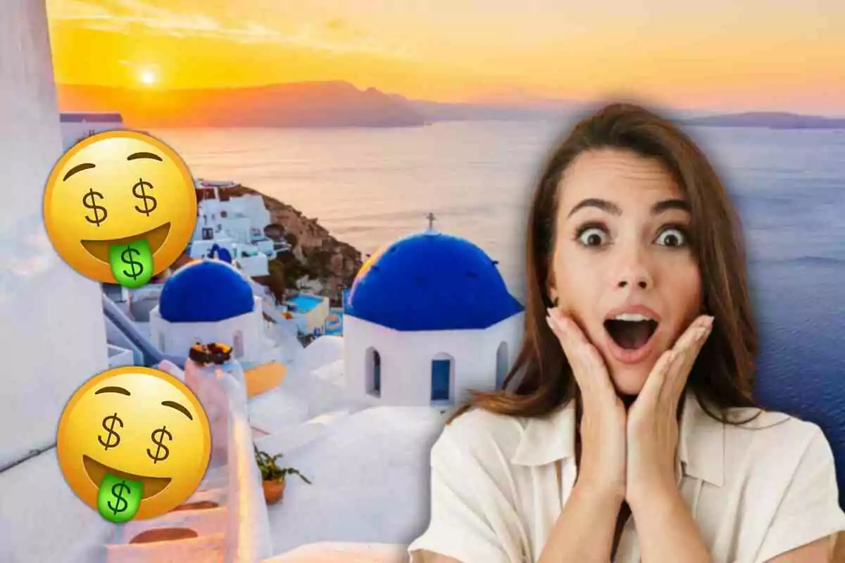 Dona sorpresa amb emojis de diners sobre un paisatge de Santorini cap al tard.