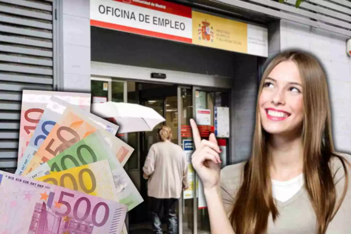 Una dona somrient assenyala cap a l'entrada d'una oficina d'ocupació, mentre que en primer pla es veuen diversos bitllets d'euro.