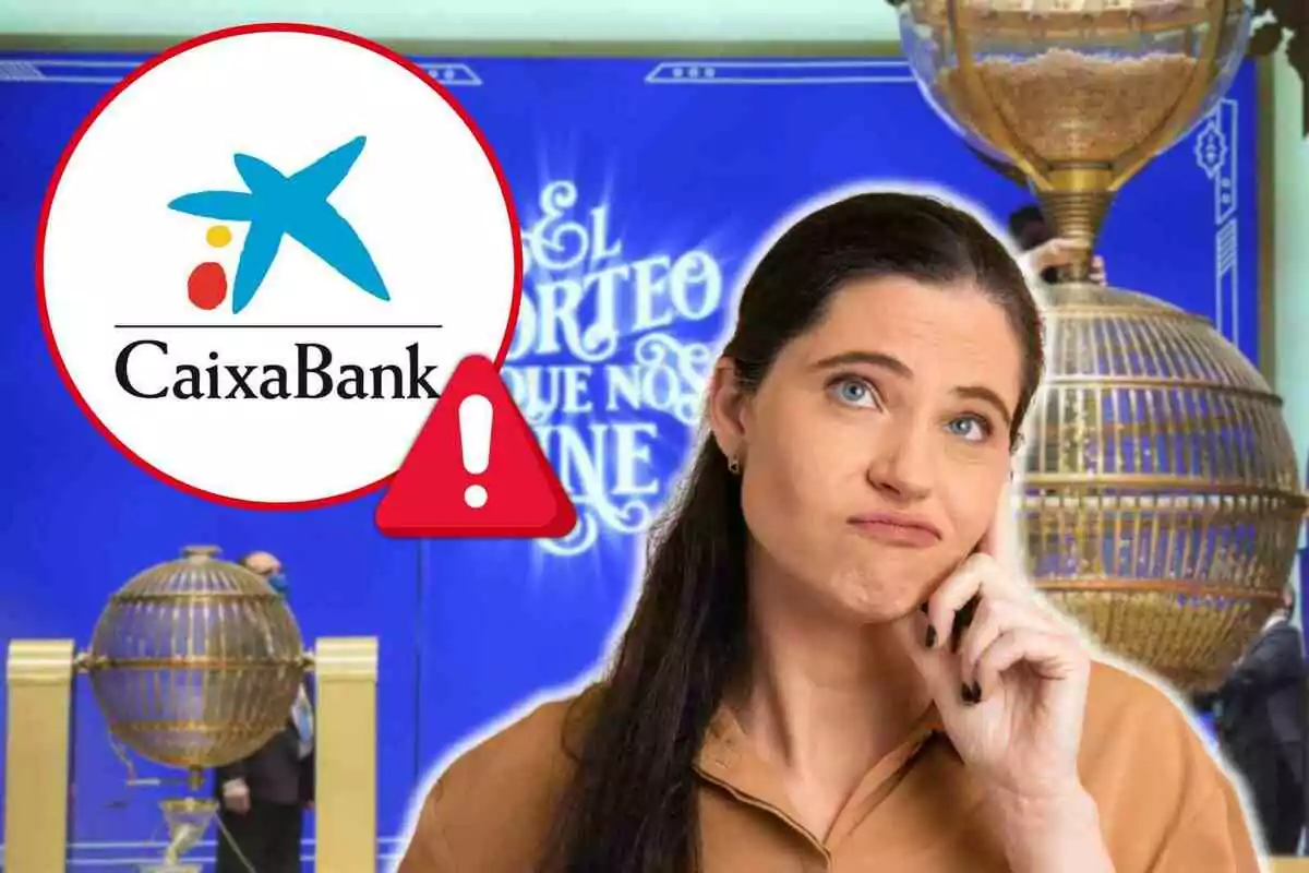 Una dona pensativa amb fons d?un sorteig de loteria i el logotip de CaixaBank amb un símbol d?advertiment.