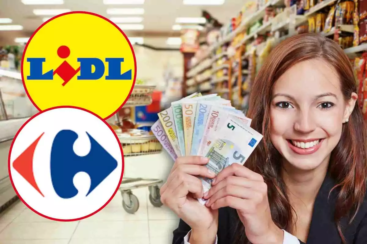 Una dona somrient sosté bitllets d'euro en un supermercat amb els logotips de Lidl i Carrefour a la imatge.