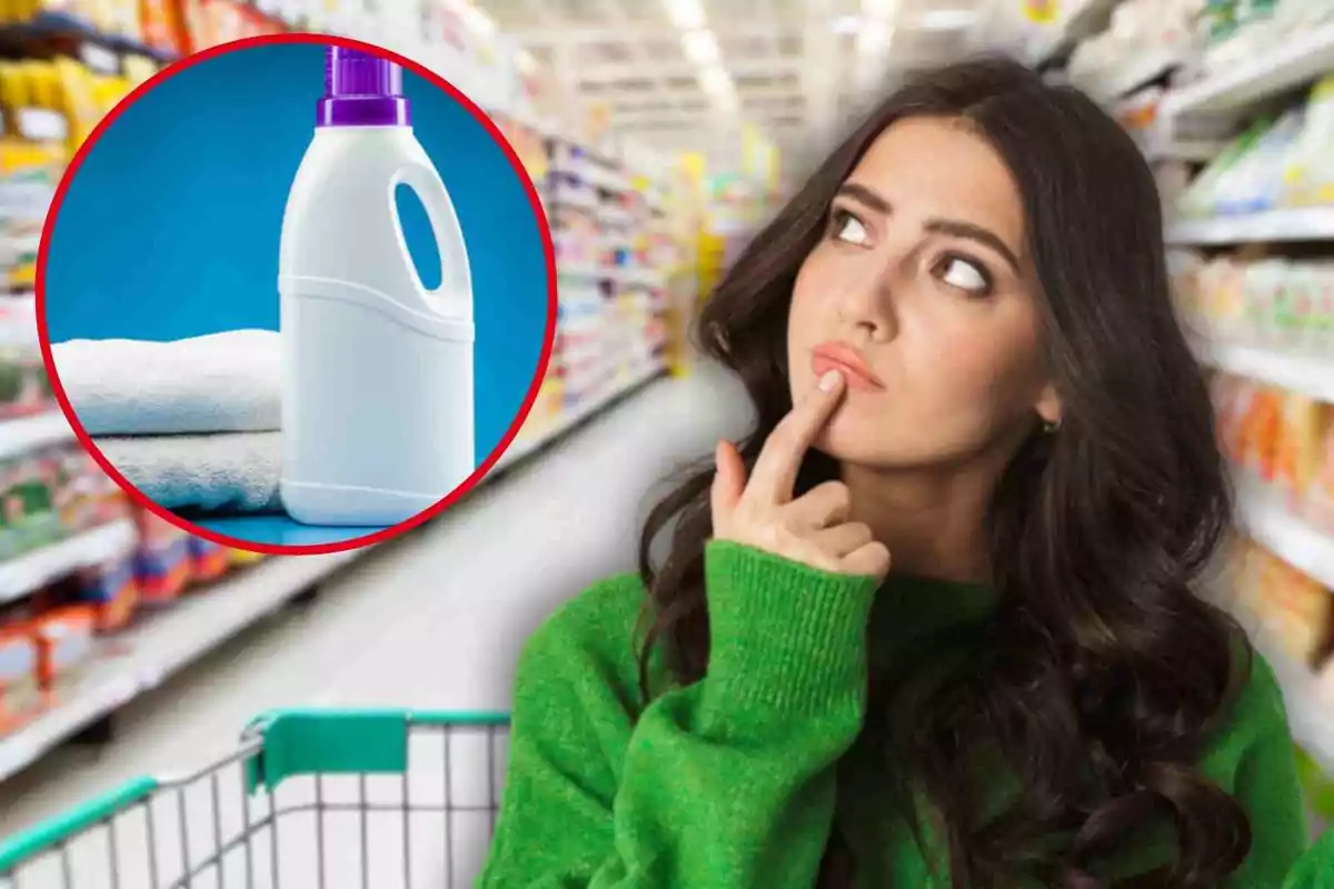 Dona pensativa en un supermercat amb un carretó de compres i un cercle que mostra un detergent i tovalloles blanques.