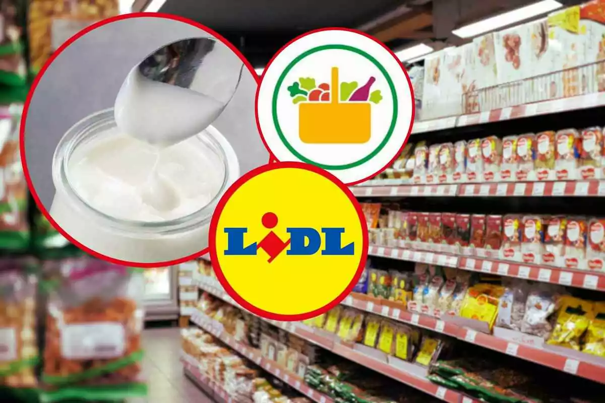 Imatge d'un passadís de supermercat amb productes a prestatges i un logotip de Lidl i Mercadona en primer pla al costat d'un pot de iogurt i una icona de cistella de compres.