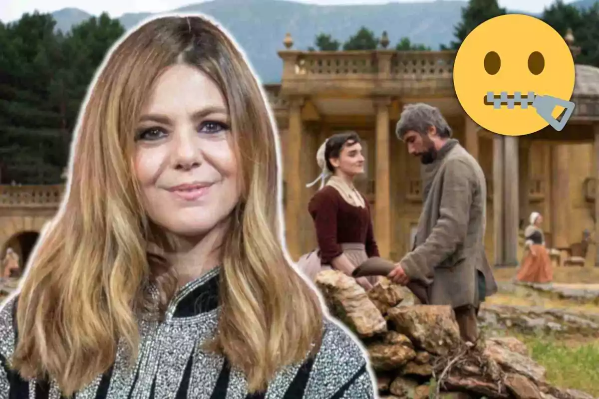 Manuela Velasco somrient en primer pla amb una escena de 'Valle salvaje' al fons i un emoji de silenci.