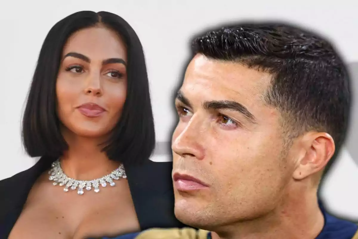 A dark-haired woman with straight hair and a shiny necklace and a man with short hair and a serious expression appear together in the picture.