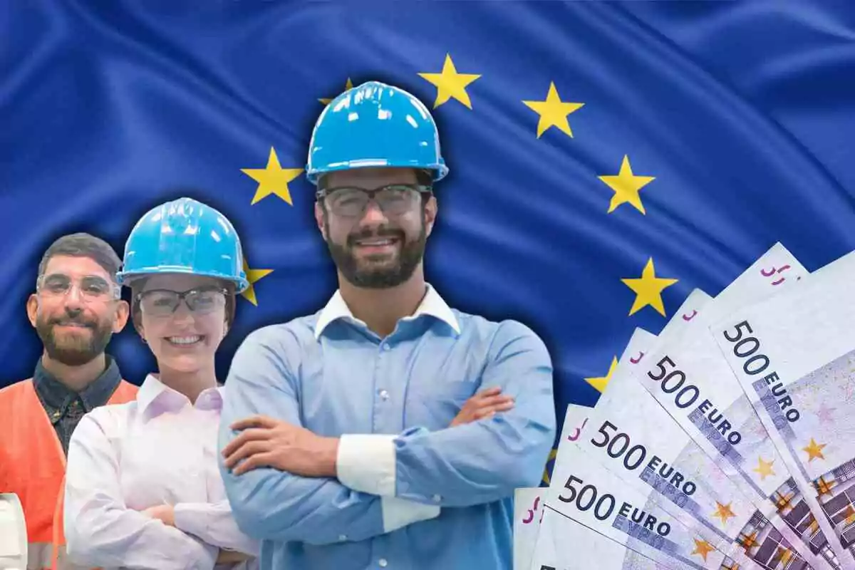 Fotomuntatge amb una imatge de fons d'una bandera europea amb operaris i un ventall de bitllets de 500 euros