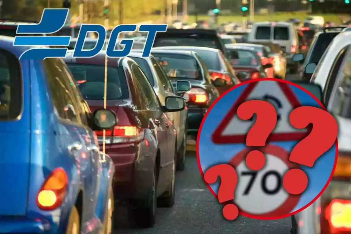 Fotomuntatge amb una imatge de fons de cotxes a una carretera i al capdavant una rodona vermella amb senyals i interrogants i el logo de la DGT