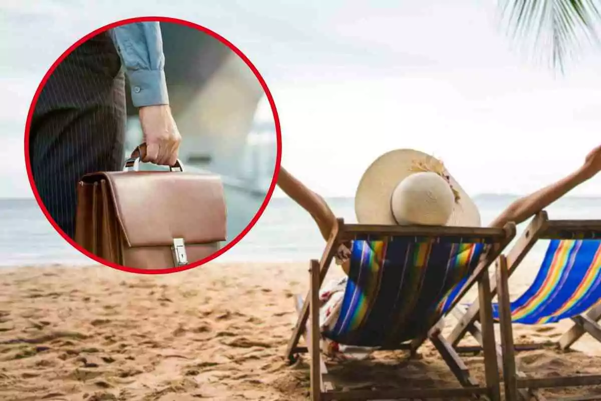 Persona amb maletí en un cercle vermell superposat a una imatge duna persona relaxant-se en una cadira de platja.