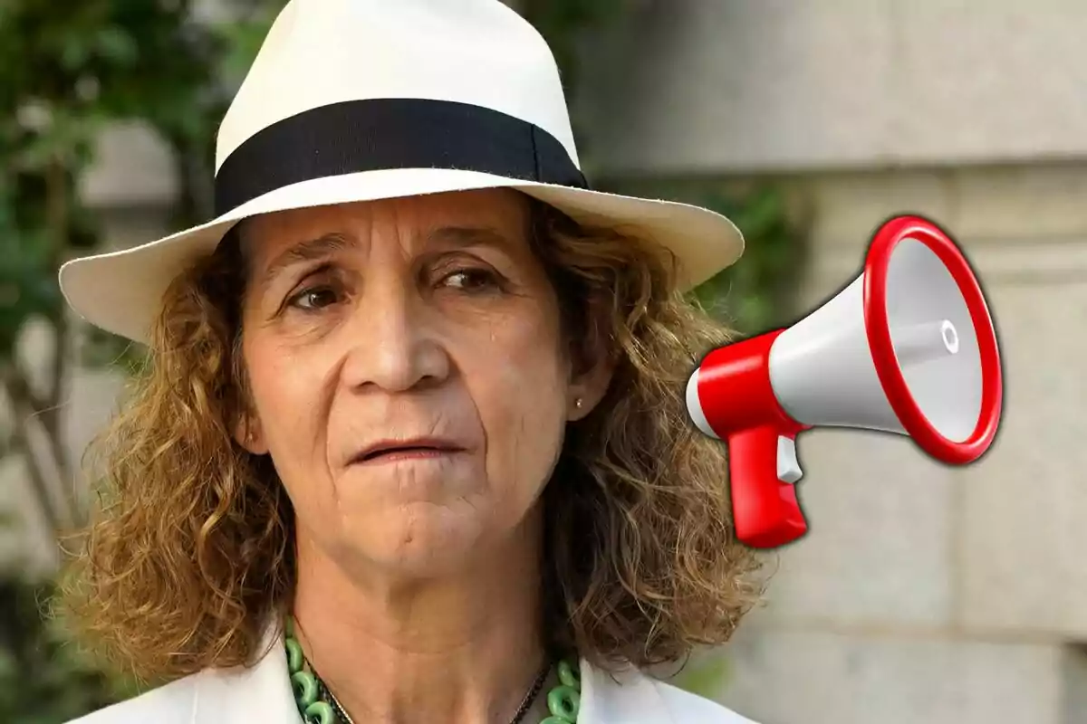 Curly-haired woman in a white hat with a serious expression and a red and white megaphone edited next to her face