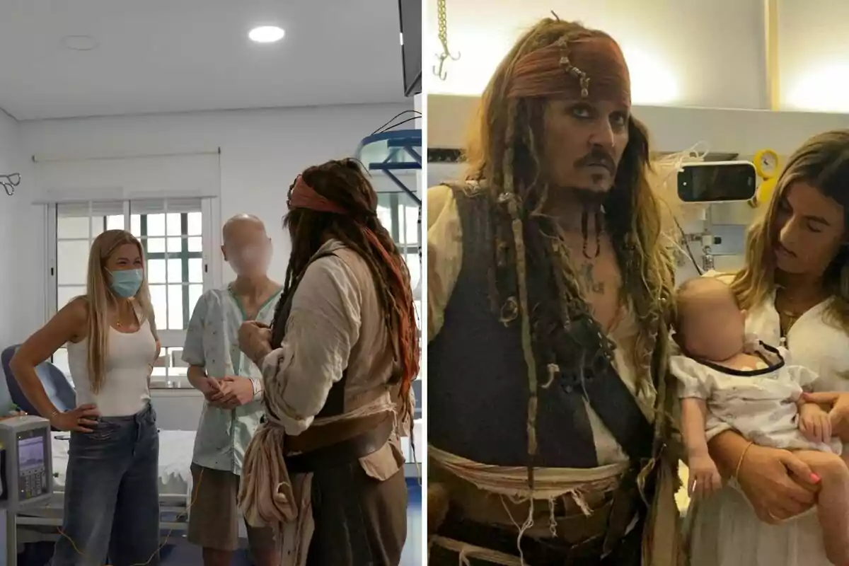 A man dressed as a pirate visits patients in a hospital, interacting with children and adults accompanied by medical staff. A man dressed as a pirate visits patients in a hospital, interacting with children and adults accompanied by medical staff.