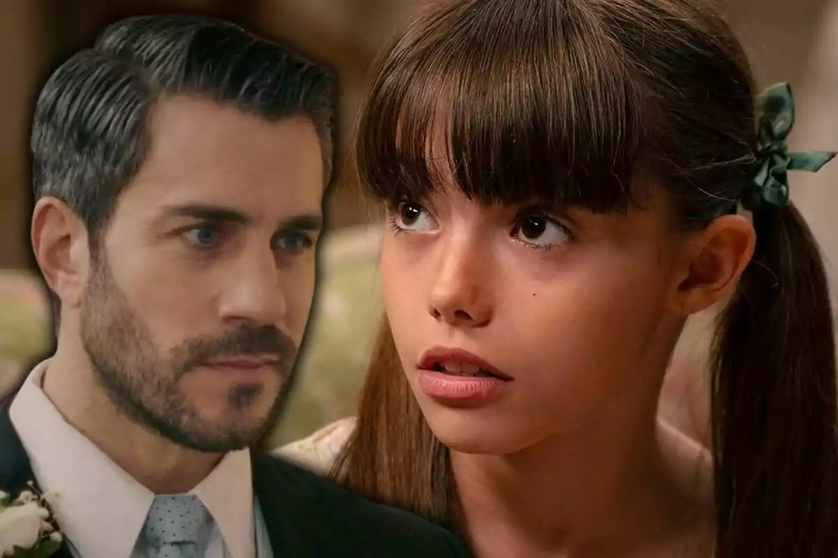 Un home amb barba i vestit al costat d'una nena amb serrell i expressió de sorpresa. Un home amb barba i vestit al costat d'una nena amb serrell i expressió de sorpresa.