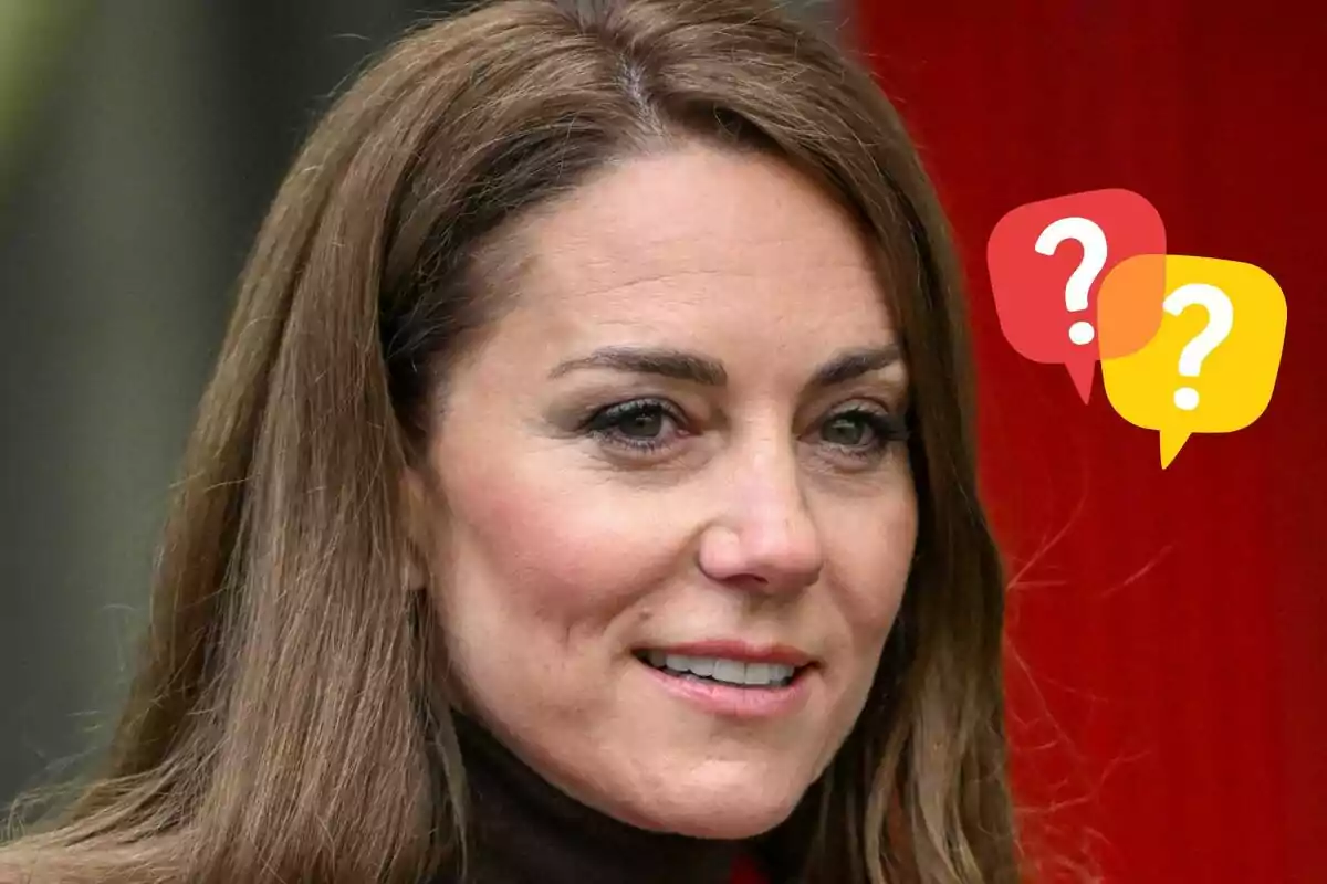 A brown-haired woman slightly smiles with two speech bubbles with question marks in the background.