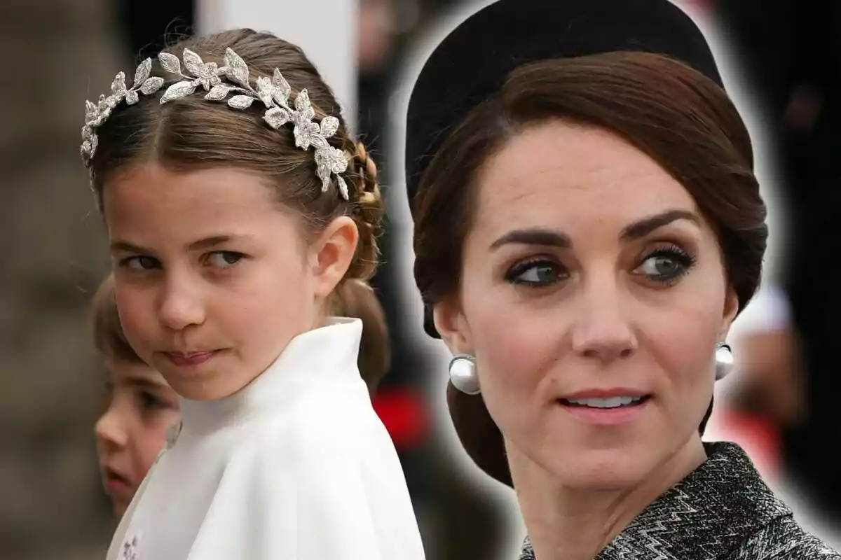 Una nena amb una diadema de fulles platejades i una dona amb arracades de perles grans, ambdues mirant en direccions oposades. Una nena amb una diadema de fulles platejades i una dona amb arracades de perles grans, ambdues mirant en direccions oposades.