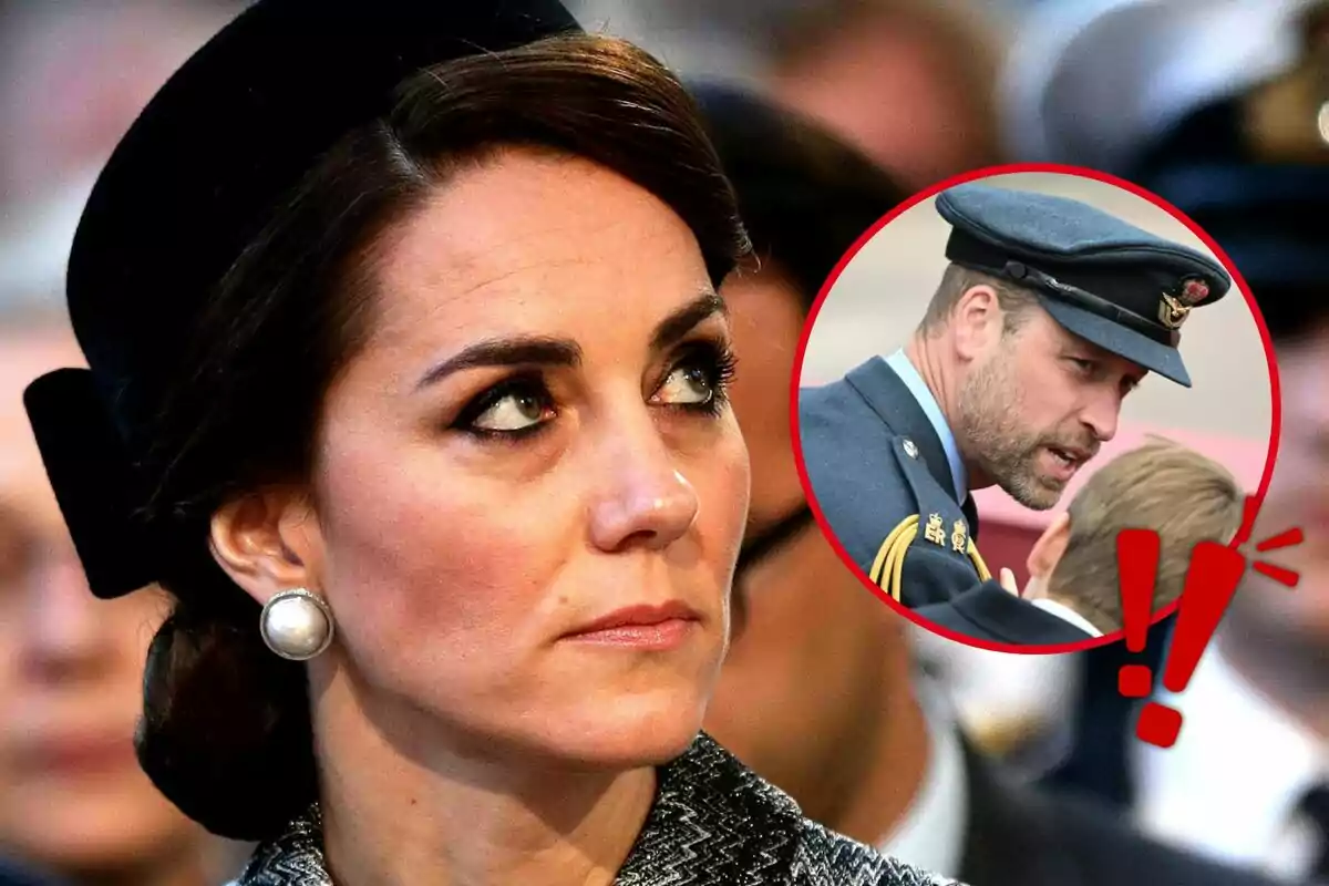 A woman with a serious expression looks up while a man in a military uniform and cap appears in a red circle.