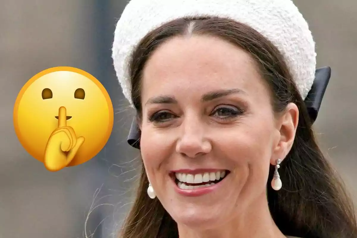 Smiling woman with a white headband and a shushing emoji on the left side