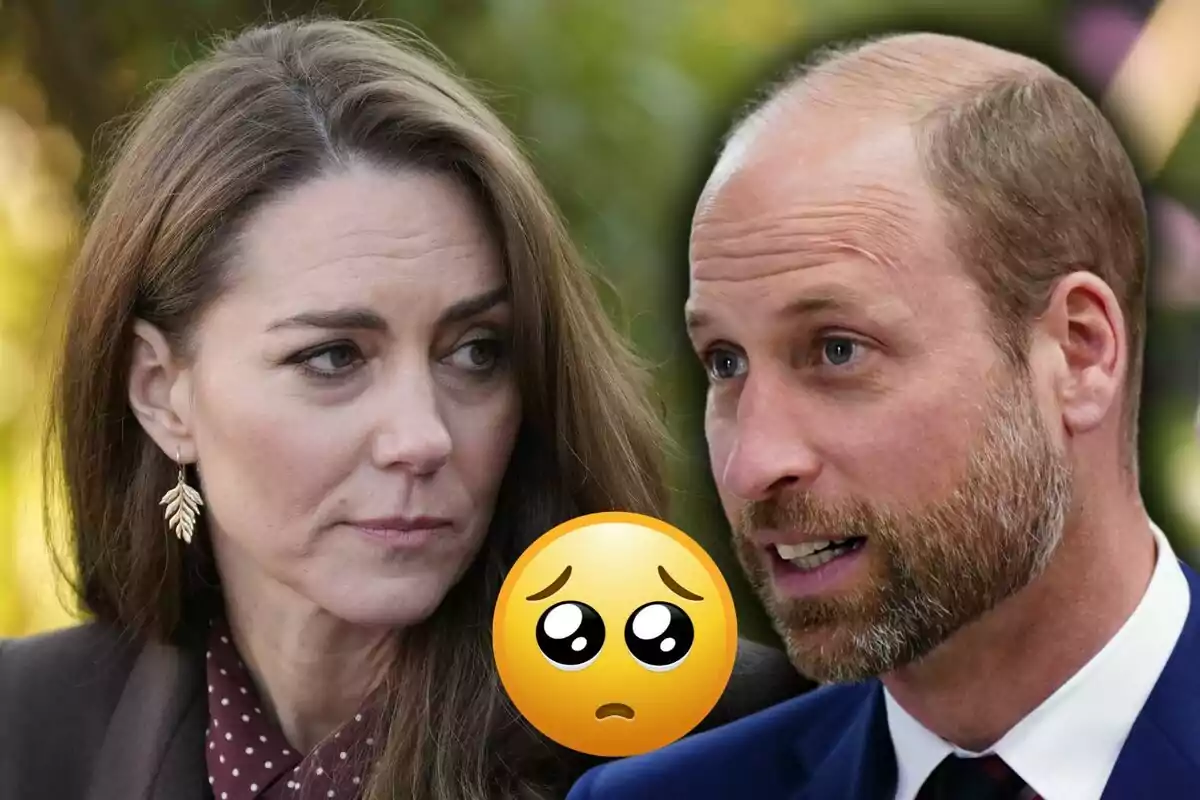 A woman and a man looking at each other with serious expressions and a sad face emoji in the center