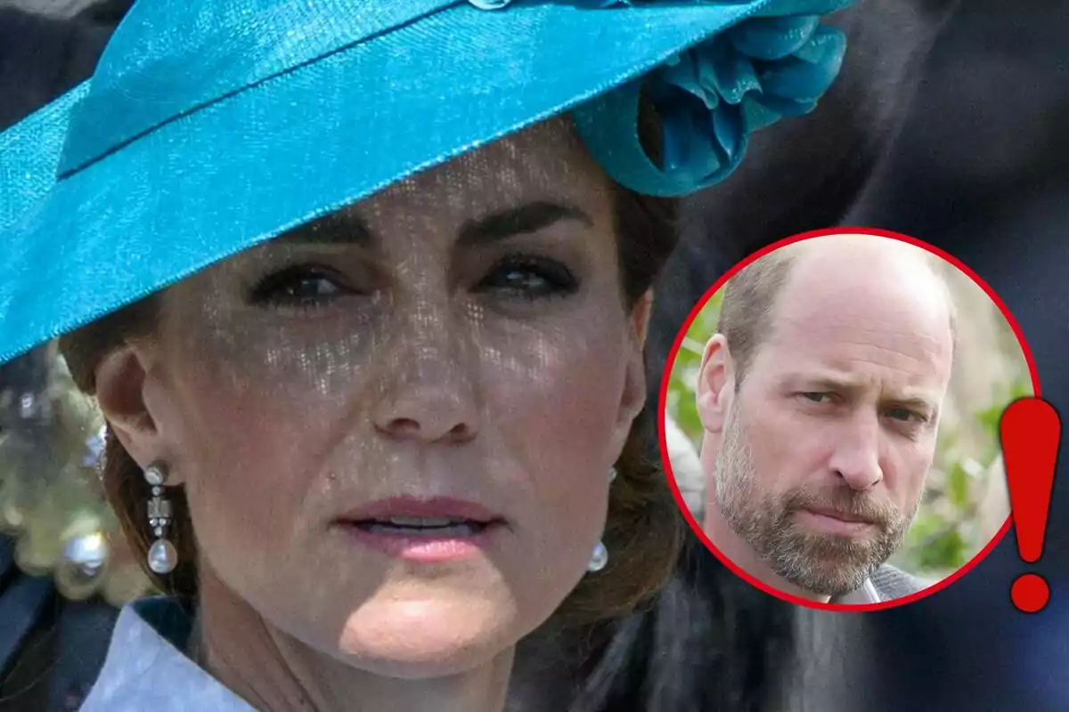 Woman with a blue hat and pearl earrings in the foreground, with a red circle showing the face of a bald man and a red exclamation mark