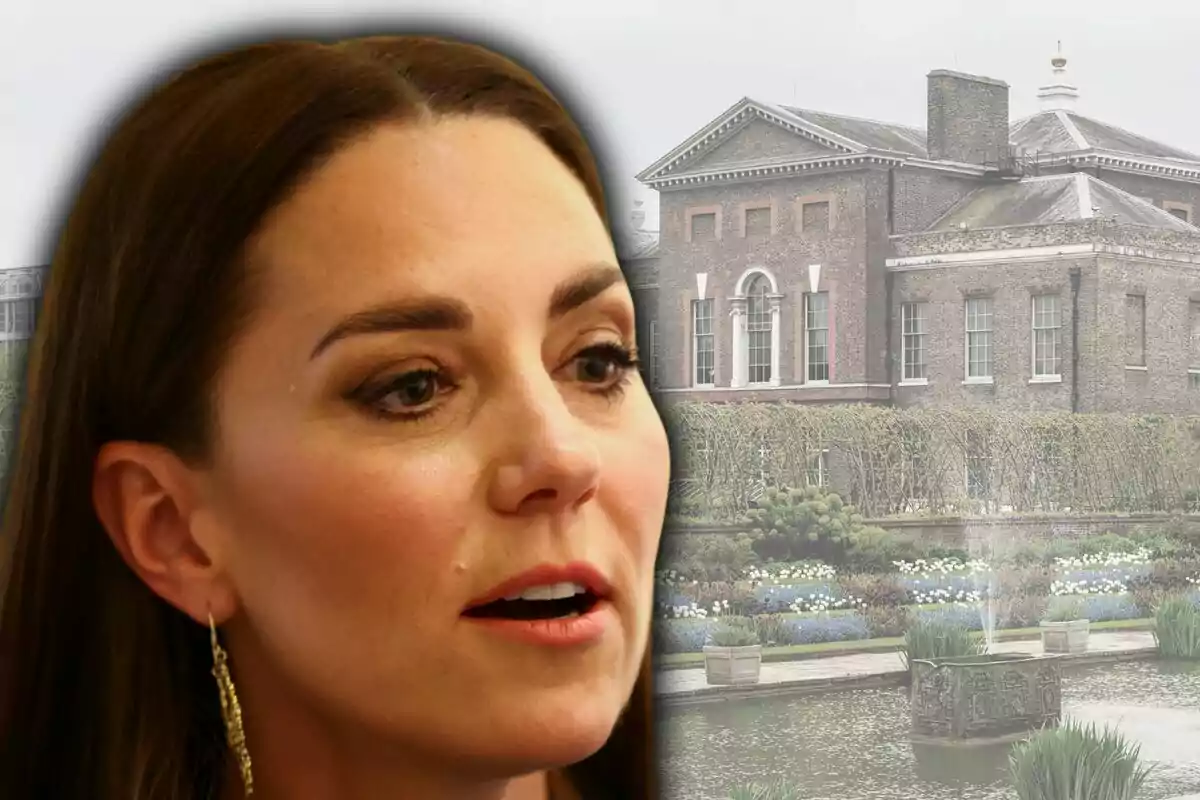 Close-up of a brown-haired woman with a serious expression, with an old brick building, a garden, and a fountain in the background.