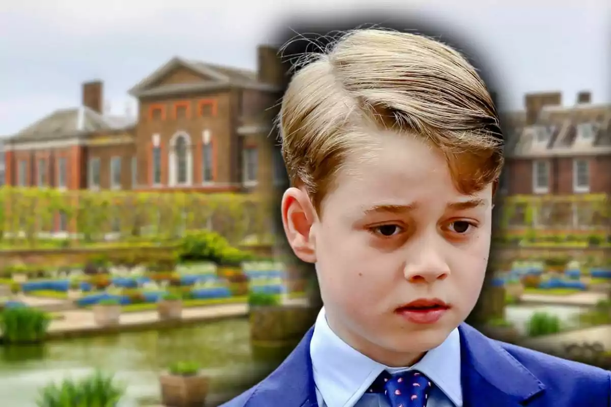 A child with a serious expression in the foreground with a historic building and gardens in the background.