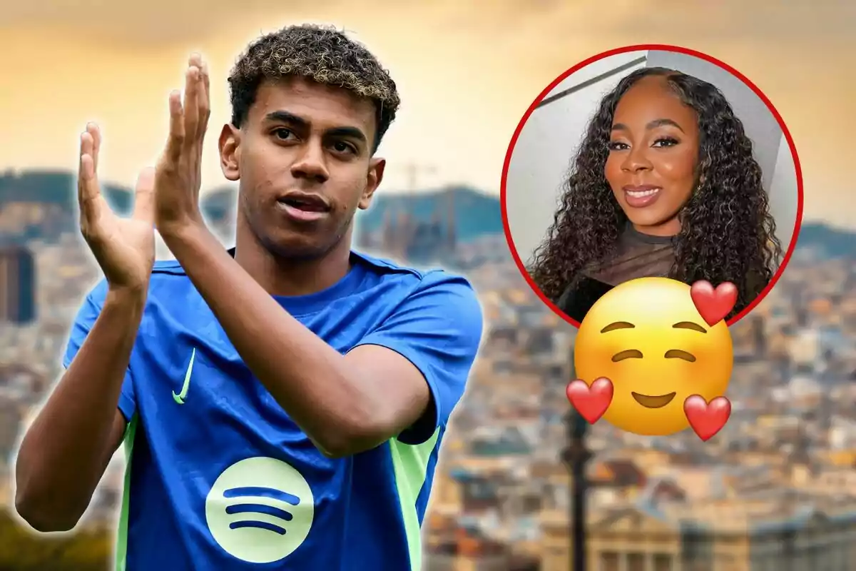 Un jugador de futbol aplaudint amb una imatge d?una dona somrient en un cercle vermell i un emoji de cara somrient amb cors. Un jugador de futbol aplaudint amb una imatge d?una dona somrient en un cercle vermell i un emoji de cara somrient amb cors.
