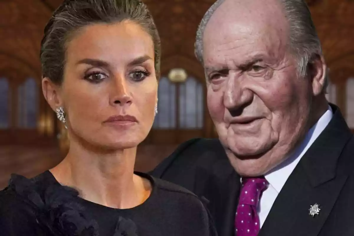 Fotomuntatge de Letizia amb cara molt seriosa i el rei Joan Carles I