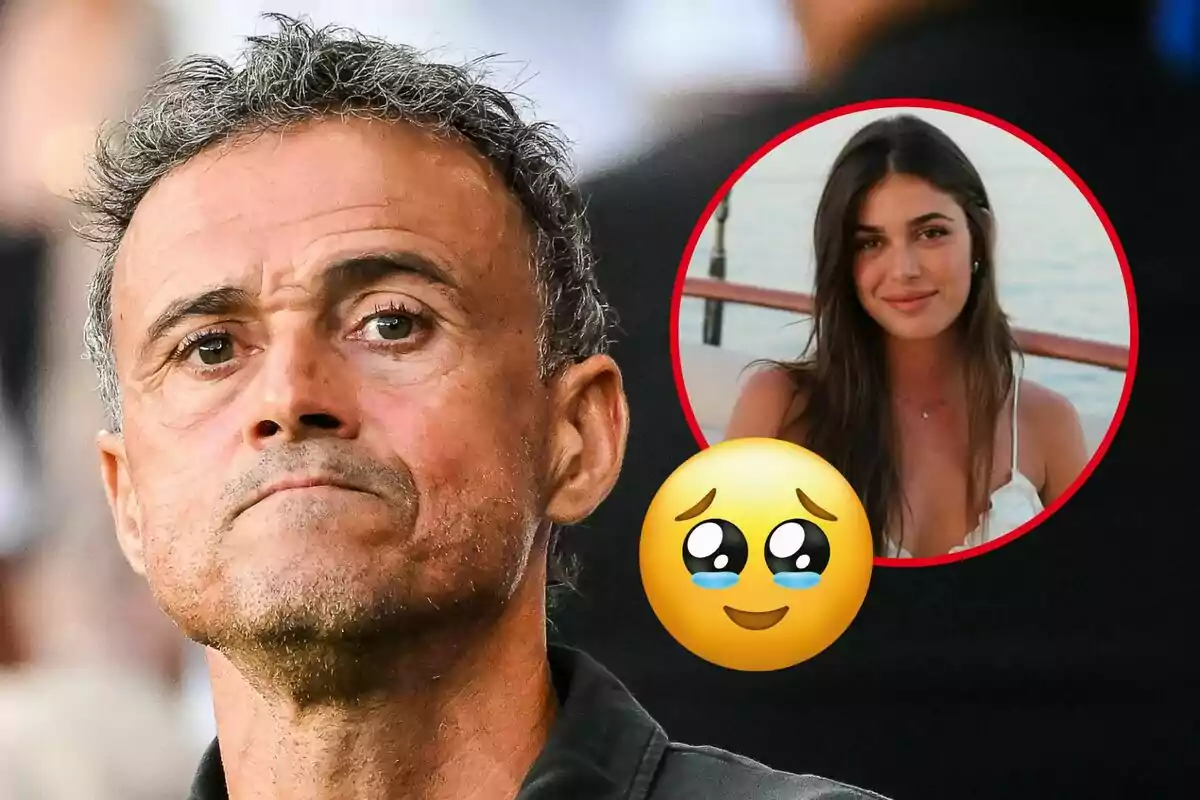 Serious-looking man in the foreground with an inset showing a young woman smiling and a crying face emoji overlaid.