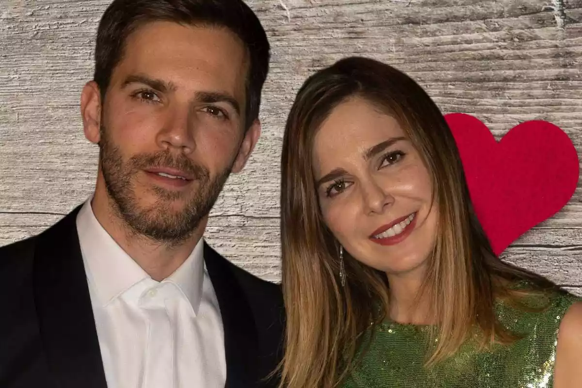 Fotomuntatge de Marc Clotet i Natalia Sánchez amb un cor de fons