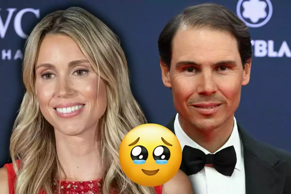 A smiling couple at a formal event with an excited emoji overlay.