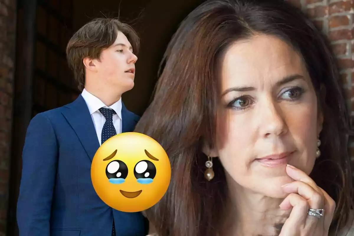 Una mujer pensativa en primer plano y un joven de traje azul en el fondo con un emoji de carita emocionada superpuesto.