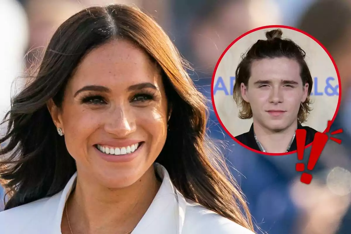 A smiling woman with dark hair and a young man in a red circle with exclamation marks.