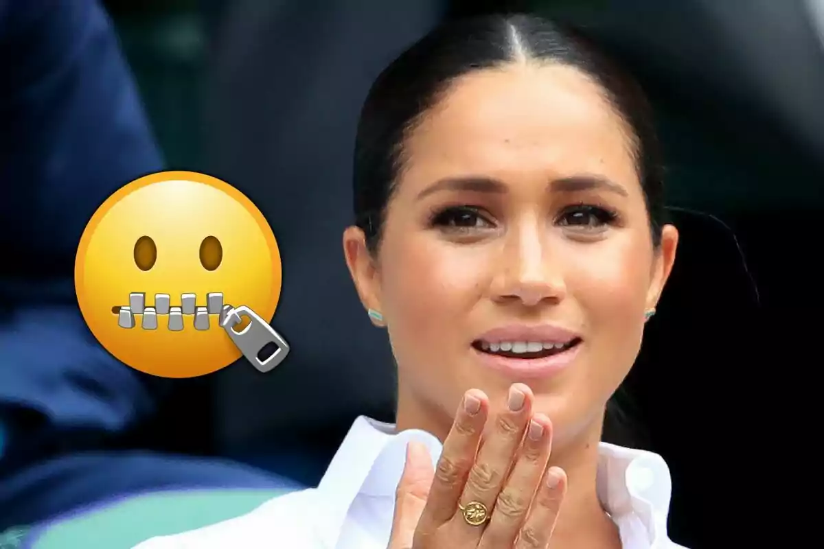 Woman with a neutral facial expression and one hand raised near her face next to a zipped-mouth face emoji