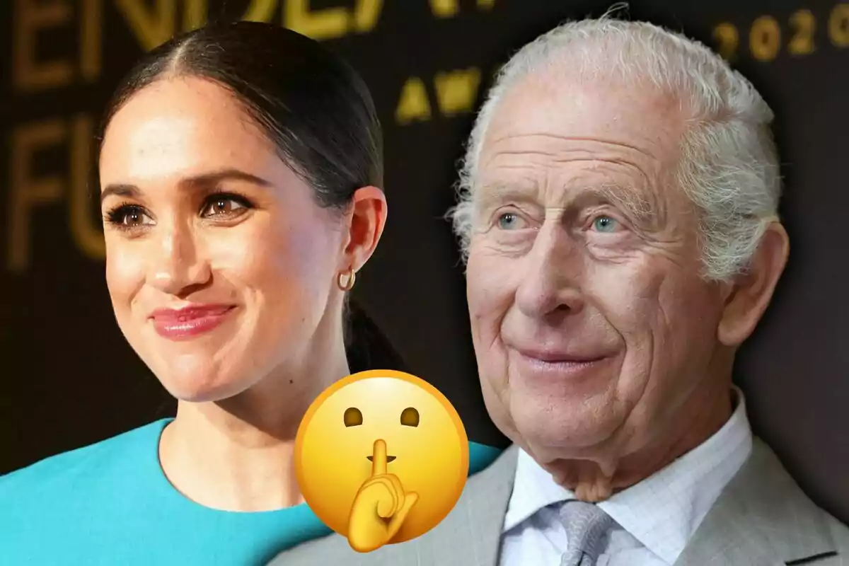 Two smiling people with a shushing emoji overlay.